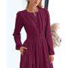 imageBTFBM Spring Dresses for Women 2026 Casual Long Sleeve V Neck Elastic Waist Lightweight Maxi Wedding Guest Dress PocketsBurgundy
