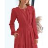 imageBTFBM Spring Dresses for Women 2026 Casual Long Sleeve V Neck Elastic Waist Lightweight Maxi Wedding Guest Dress PocketsRed