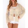 imageBTFBM Summer Cardigans for Women Lightweight 2026 Spring Crochet Mesh Long Sleeve Tie Front Knit Beach Vacation OutfitsApricot