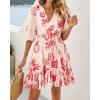imageBTFBM Women Summer Spring Floral Boho Dress 2026 V Neck Short Sleeve Ruffle Beach Vacation Clothes Wedding Guest DressesFloral Apricot Red