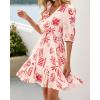 imageBTFBM Women Summer Spring Floral Boho Dress 2026 V Neck Short Sleeve Ruffle Beach Vacation Clothes Wedding Guest DressesFloral Apricot Red