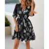 imageBTFBM Women Summer Spring Floral Boho Dress 2026 V Neck Short Sleeve Ruffle Beach Vacation Clothes Wedding Guest DressesFloral Black White