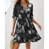 imageBTFBM Women Summer Spring Floral Boho Dress 2026 V Neck Short Sleeve Ruffle Beach Vacation Clothes Wedding Guest DressesFloral Black White
