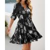 imageBTFBM Women Summer Spring Floral Boho Dress 2026 V Neck Short Sleeve Ruffle Beach Vacation Clothes Wedding Guest DressesFloral Black White