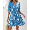 imageBTFBM Women Summer Spring Floral Boho Dress 2026 V Neck Short Sleeve Ruffle Beach Vacation Clothes Wedding Guest DressesFloral Blue White