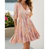 imageBTFBM Women Summer Spring Floral Boho Dress 2026 V Neck Short Sleeve Ruffle Beach Vacation Clothes Wedding Guest DressesFloral Multicolored
