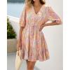 imageBTFBM Women Summer Spring Floral Boho Dress 2026 V Neck Short Sleeve Ruffle Beach Vacation Clothes Wedding Guest DressesFloral Multicolored