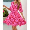imageBTFBM Women Summer Spring Floral Boho Dress 2026 V Neck Short Sleeve Ruffle Beach Vacation Clothes Wedding Guest DressesFloral Pink Red