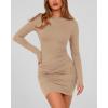 imageBTFBM Womens Spring Fashion 2026 Long Sleeve Boat Neck Mini Dress Slim Fit Party Club Short Tight Basic Bodycon DressesKhaki