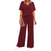 imageBTFBM 2 Piece Sets for Women Summer V Neck Short Sleeve Lounge Set Wide Leg Pants Matching Set Airport Travel OutfitsBurgundy