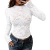 imageBTFBM Mesh Long Sleeve Tops for Women Lace Sexy Sheer Tight See Through Crew Neck Spring Fall 2026 Party Club OutfitsWhite