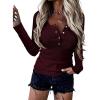 imageBTFBM Women Long Sleeve Shirts Fall Tops V Neck Button Up Henley Shirts Slim Fit Ribbed Knit Spring Casual TShirts 2026Wine Red
