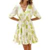 imageBTFBM Women Summer Spring Floral Boho Dress 2026 V Neck Short Sleeve Ruffle Beach Vacation Clothes Wedding Guest DressesFloral Apricot Green