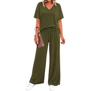 imageBTFBM 2 Piece Sets for Women Summer V Neck Short Sleeve Lounge Set Wide Leg Pants Matching Set Airport Travel OutfitsArmy Green