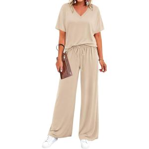 imageBTFBM 2 Piece Sets for Women Summer V Neck Short Sleeve Lounge Set Wide Leg Pants Matching Set Airport Travel OutfitsBeige