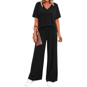 imageBTFBM 2 Piece Sets for Women Summer V Neck Short Sleeve Lounge Set Wide Leg Pants Matching Set Airport Travel OutfitsBlack