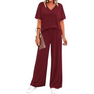 imageBTFBM 2 Piece Sets for Women Summer V Neck Short Sleeve Lounge Set Wide Leg Pants Matching Set Airport Travel OutfitsBurgundy