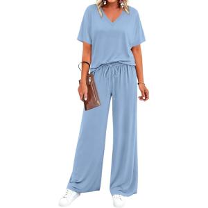 imageBTFBM 2 Piece Sets for Women Summer V Neck Short Sleeve Lounge Set Wide Leg Pants Matching Set Airport Travel OutfitsLight Blue