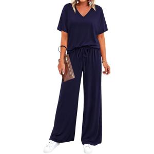 imageBTFBM 2 Piece Sets for Women Summer V Neck Short Sleeve Lounge Set Wide Leg Pants Matching Set Airport Travel OutfitsNavy Blue