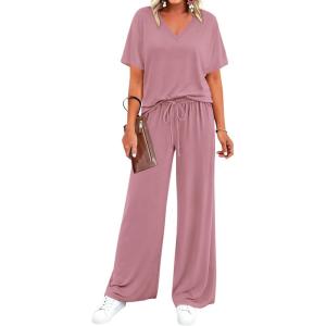 imageBTFBM 2 Piece Sets for Women Summer V Neck Short Sleeve Lounge Set Wide Leg Pants Matching Set Airport Travel OutfitsPink