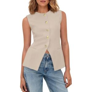 imageBTFBM Blazers for Women Vest Tops Business Casual Outfits Button Down Sleeveless Pockets Office Work Clothes Spring 2026Beige