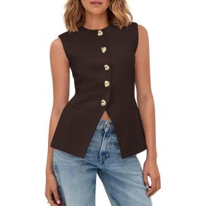 imageBTFBM Blazers for Women Vest Tops Business Casual Outfits Button Down Sleeveless Pockets Office Work Clothes Spring 2026Brown