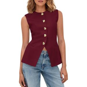 imageBTFBM Blazers for Women Vest Tops Business Casual Outfits Button Down Sleeveless Pockets Office Work Clothes Spring 2026Burgundy