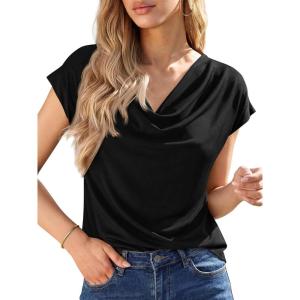 imageBTFBM Cowl Neck Tops for Women 2026 Spring Womens Tops Dressy Casual Business Blouses Short Sleeve Shirts Summer OutfitsBlack