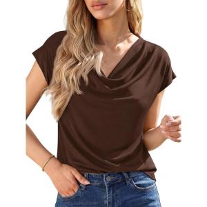 imageBTFBM Cowl Neck Tops for Women 2026 Spring Womens Tops Dressy Casual Business Blouses Short Sleeve Shirts Summer OutfitsBrown