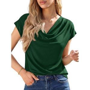 imageBTFBM Cowl Neck Tops for Women 2026 Spring Womens Tops Dressy Casual Business Blouses Short Sleeve Shirts Summer OutfitsGreen