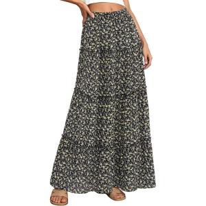 imageBTFBM Floral Maxi Skirts for Women Summer Spring 2026 Elastic Waist Tiered Flowy Beach Vacation Boho Midi Long SkirtFloral Black Yellow