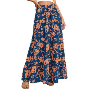 imageBTFBM Floral Maxi Skirts for Women Summer Spring 2026 Elastic Waist Tiered Flowy Beach Vacation Boho Midi Long SkirtFloral Blue Orange