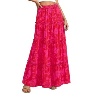 imageBTFBM Floral Maxi Skirts for Women Summer Spring 2026 Elastic Waist Tiered Flowy Beach Vacation Boho Midi Long SkirtFloral Red Pink