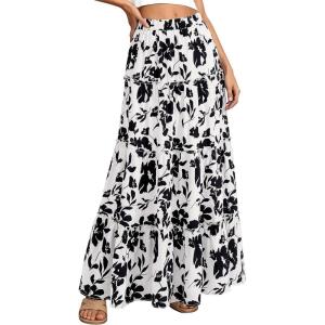 imageBTFBM Floral Maxi Skirts for Women Summer Spring 2026 Elastic Waist Tiered Flowy Beach Vacation Boho Midi Long SkirtFloral White Black