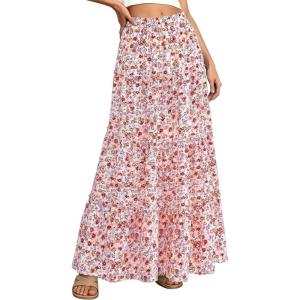 imageBTFBM Floral Maxi Skirts for Women Summer Spring 2026 Elastic Waist Tiered Flowy Beach Vacation Boho Midi Long SkirtFloral White Orange