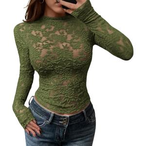 imageBTFBM Mesh Long Sleeve Tops for Women Lace Sexy Sheer Tight See Through Crew Neck Spring Fall 2026 Party Club OutfitsArmy Green