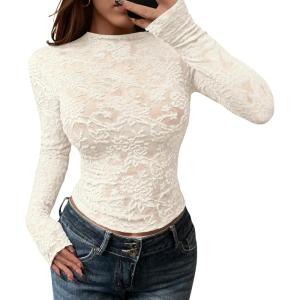imageBTFBM Mesh Long Sleeve Tops for Women Lace Sexy Sheer Tight See Through Crew Neck Spring Fall 2026 Party Club OutfitsBeige