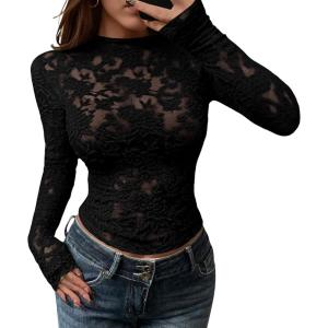 imageBTFBM Mesh Long Sleeve Tops for Women Lace Sexy Sheer Tight See Through Crew Neck Spring Fall 2026 Party Club OutfitsBlack