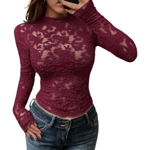 imageBTFBM Mesh Long Sleeve Tops for Women Lace Sexy Sheer Tight See Through Crew Neck Spring Fall 2026 Party Club OutfitsBurgundy