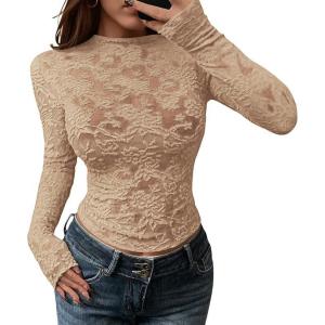 imageBTFBM Mesh Long Sleeve Tops for Women Lace Sexy Sheer Tight See Through Crew Neck Spring Fall 2026 Party Club OutfitsKhaki