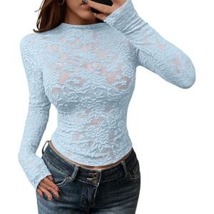 imageBTFBM Mesh Long Sleeve Tops for Women Lace Sexy Sheer Tight See Through Crew Neck Spring Fall 2026 Party Club OutfitsLight Blue