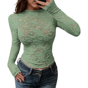 imageBTFBM Mesh Long Sleeve Tops for Women Lace Sexy Sheer Tight See Through Crew Neck Spring Fall 2026 Party Club OutfitsLight Green