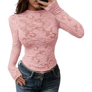 imageBTFBM Mesh Long Sleeve Tops for Women Lace Sexy Sheer Tight See Through Crew Neck Spring Fall 2026 Party Club OutfitsPink