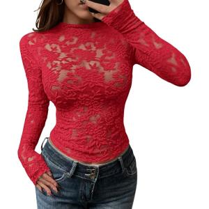 imageBTFBM Mesh Long Sleeve Tops for Women Lace Sexy Sheer Tight See Through Crew Neck Spring Fall 2026 Party Club OutfitsRed