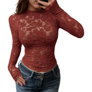 imageBTFBM Mesh Long Sleeve Tops for Women Lace Sexy Sheer Tight See Through Crew Neck Spring Fall 2026 Party Club OutfitsRed Brown