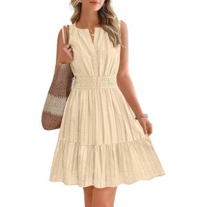 imageBTFBM Mini Dresses for Women 2026 Summer Sleeveless V Neck Elastic Waist Beach Vacation Sundress Boho Casual Dress PocketsBeige