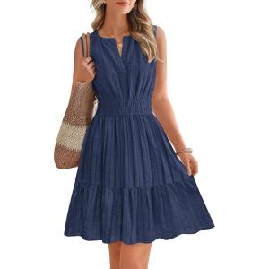 imageBTFBM Mini Dresses for Women 2026 Summer Sleeveless V Neck Elastic Waist Beach Vacation Sundress Boho Casual Dress PocketsNavy Blue