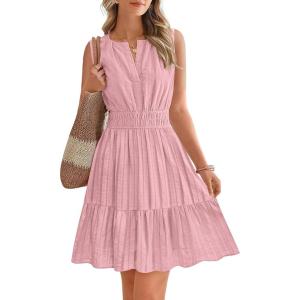 imageBTFBM Mini Dresses for Women 2026 Summer Sleeveless V Neck Elastic Waist Beach Vacation Sundress Boho Casual Dress PocketsPink