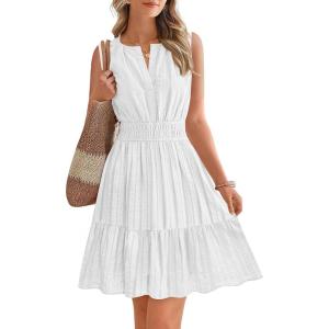 imageBTFBM Mini Dresses for Women 2026 Summer Sleeveless V Neck Elastic Waist Beach Vacation Sundress Boho Casual Dress PocketsWhite
