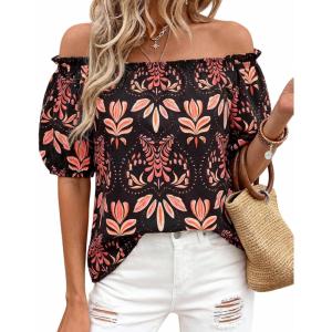 imageBTFBM Off The Shoulder Spring Tops for Women Summer Blouses Boho Floral Short Sleeve Shirts Dressy Casual Outfits 2026Floral Black Orange